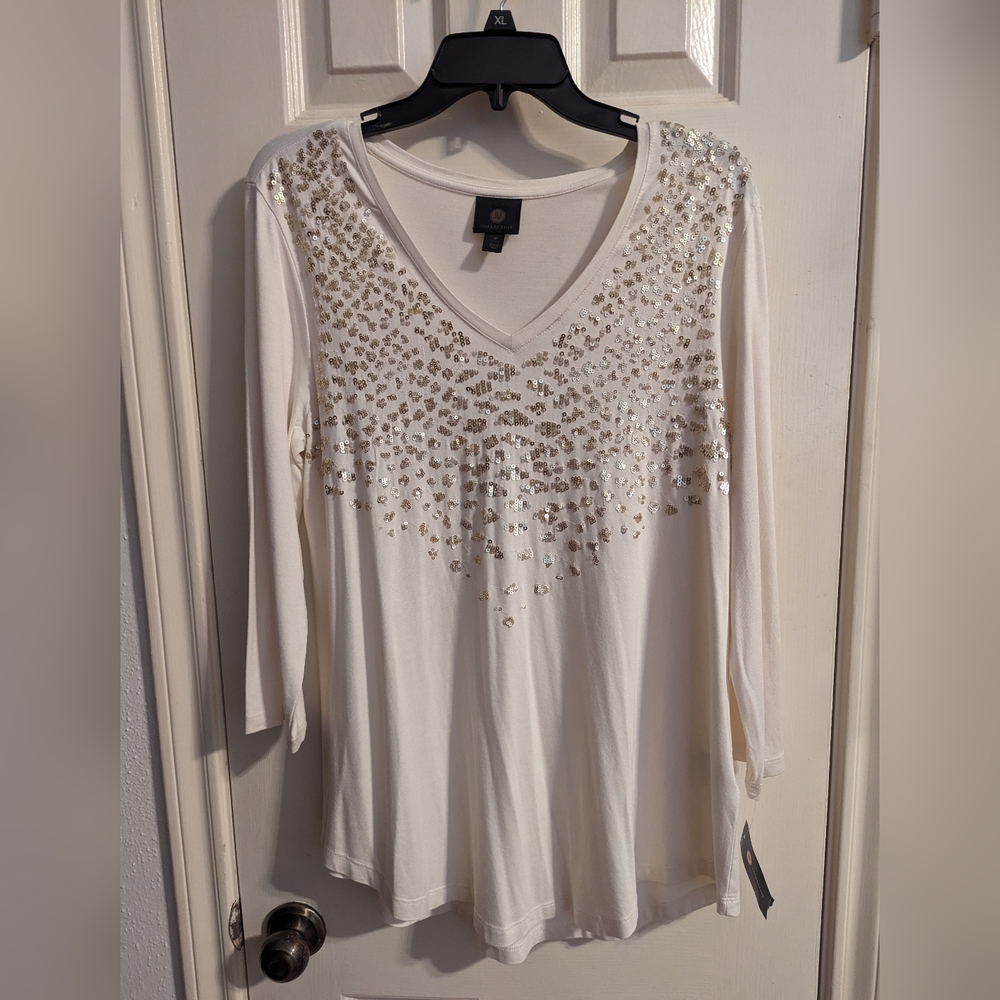 JM Collection Red Hot Holiday White Sequined Top Size M